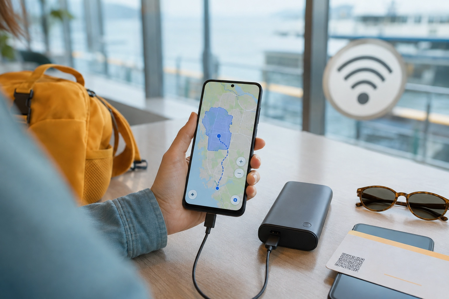 Κινητό με offline χάρτες Google Maps και power bank κατά τη διάρκεια ταξιδιού
